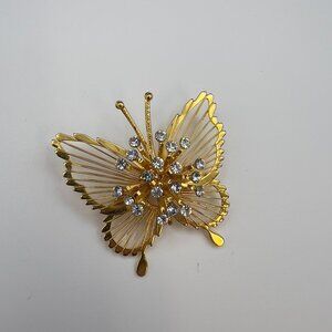 Vintage 80s Monet Figural Gold Tone Butterfly Brooch Rhinestones